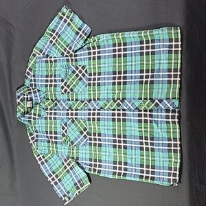 ENYCE Shirt Men's Button Down Short Sleeve Green/Black Plaid Pockets Size XL